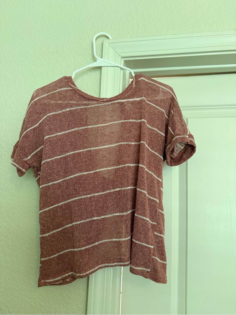 sundays Striped Short Sleeve Knit Top in Dusty Rose with White Stripes